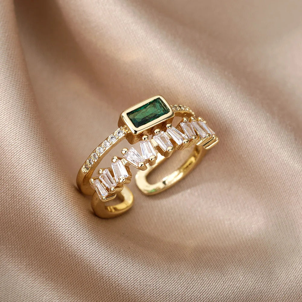 Women’s Jewelry Green Zircon Open Ring | Classic | Double Layer | Gold Plated