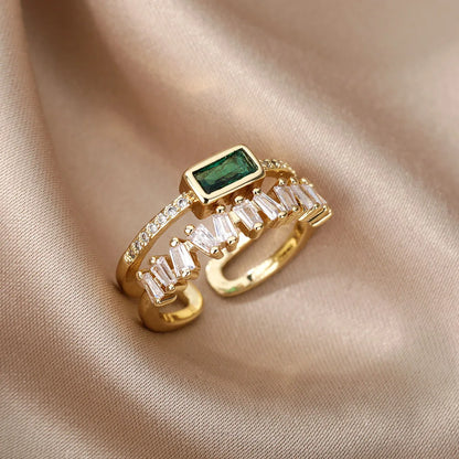 Women’s Jewelry Green Zircon Open Ring | Classic | Double Layer | Gold Plated