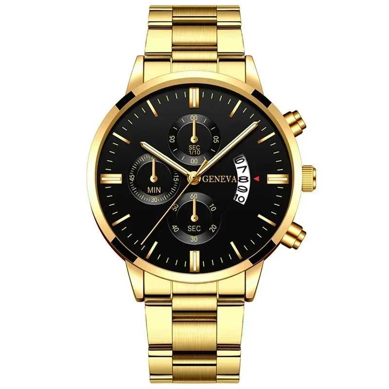Men’s Luxury Quartz Watch Gift Jewelry Set – Gold Roman Calendar Wristwatch with Cross Necklace, Bracelet & Ring