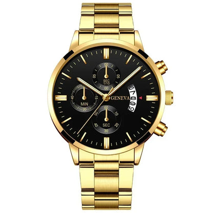 Men’s Luxury Quartz Watch Gift Jewelry Set – Gold Roman Calendar Wristwatch with Cross Necklace, Bracelet & Ring