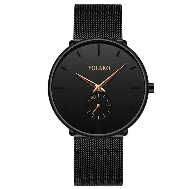 Men’s Ultra Thin Minimalist Watch – Leather & Stainless Steel Mesh Strap