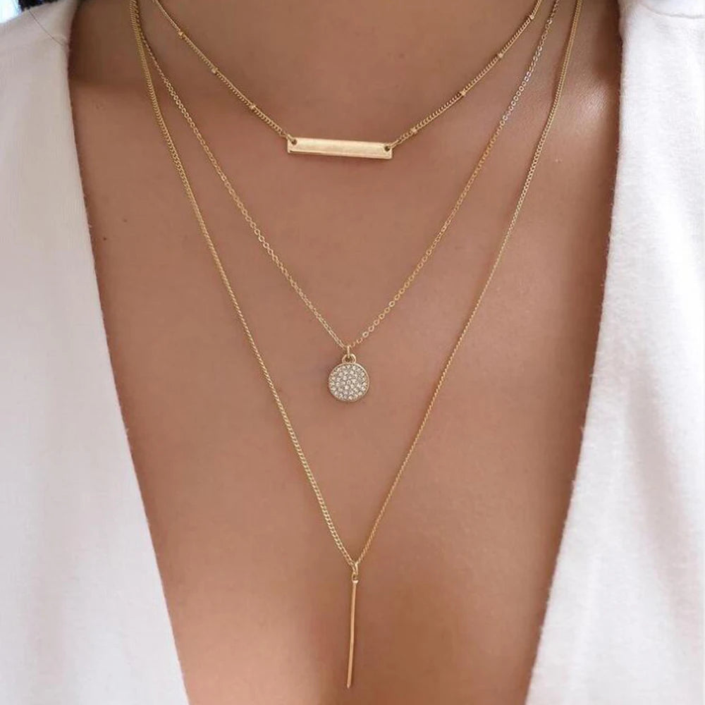 Women’s Jewelry Boho Layered Crystal Pendant Necklace | Vintage | Gold Tone | Trendy