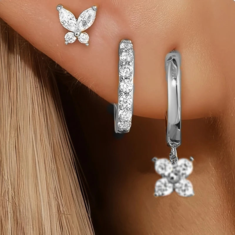 Women’s Luxury Star Pendant Earrings – 3PCS Stainless Steel Zircon Piercing Stud Jewelry
