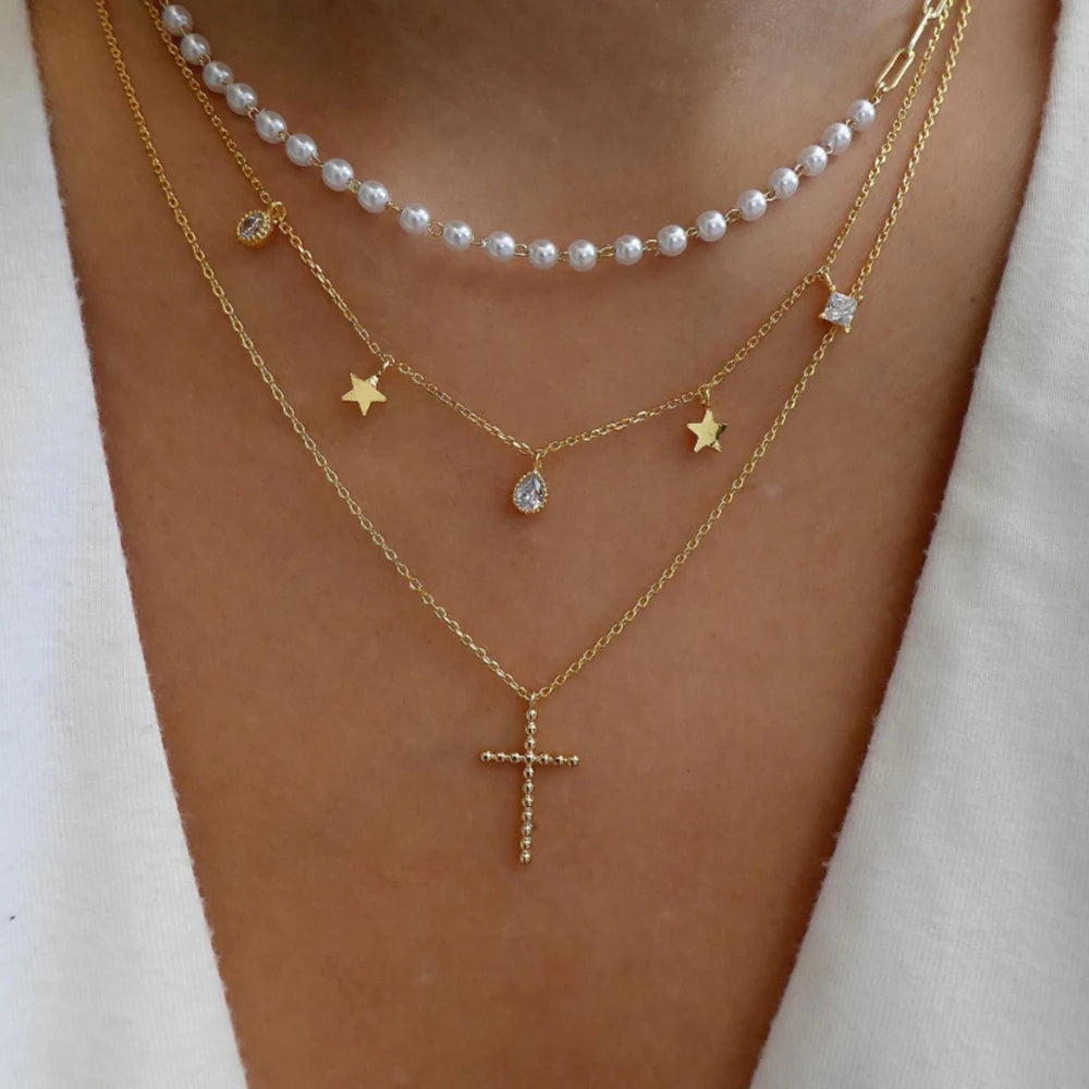 Women’s Jewelry Boho Layered Crystal Pendant Necklace | Vintage | Gold Tone | Trendy