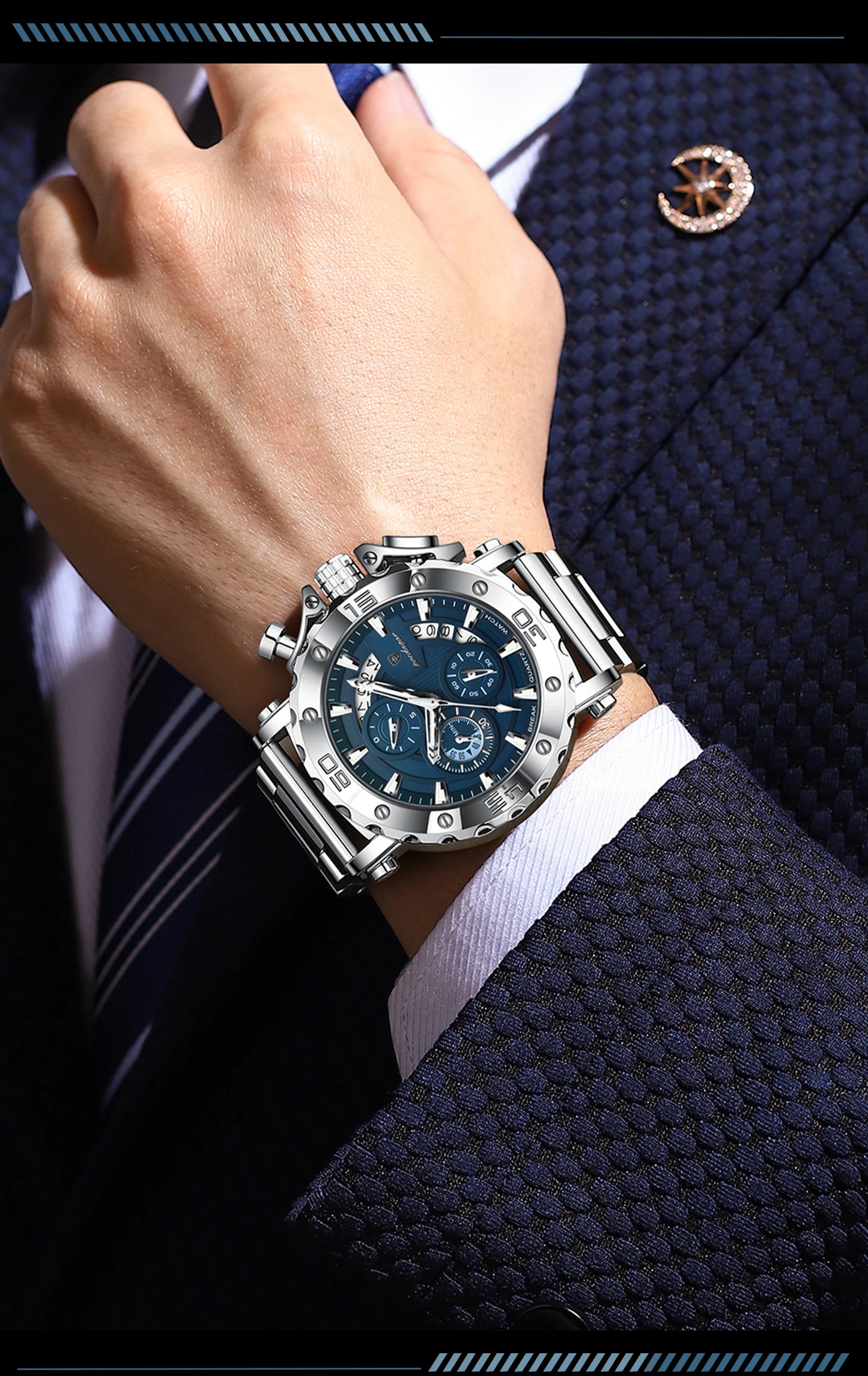 Men’s Luxury Stainless Steel Chronograph Watch – Waterproof Wristwatch with Calendar & Luminous Dial
