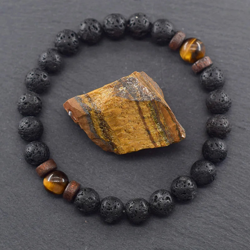 Men’s Tiger Eye & Lava Stone Bead Bracelet – Tibetan Buddha Elastic Wristband Jewelry