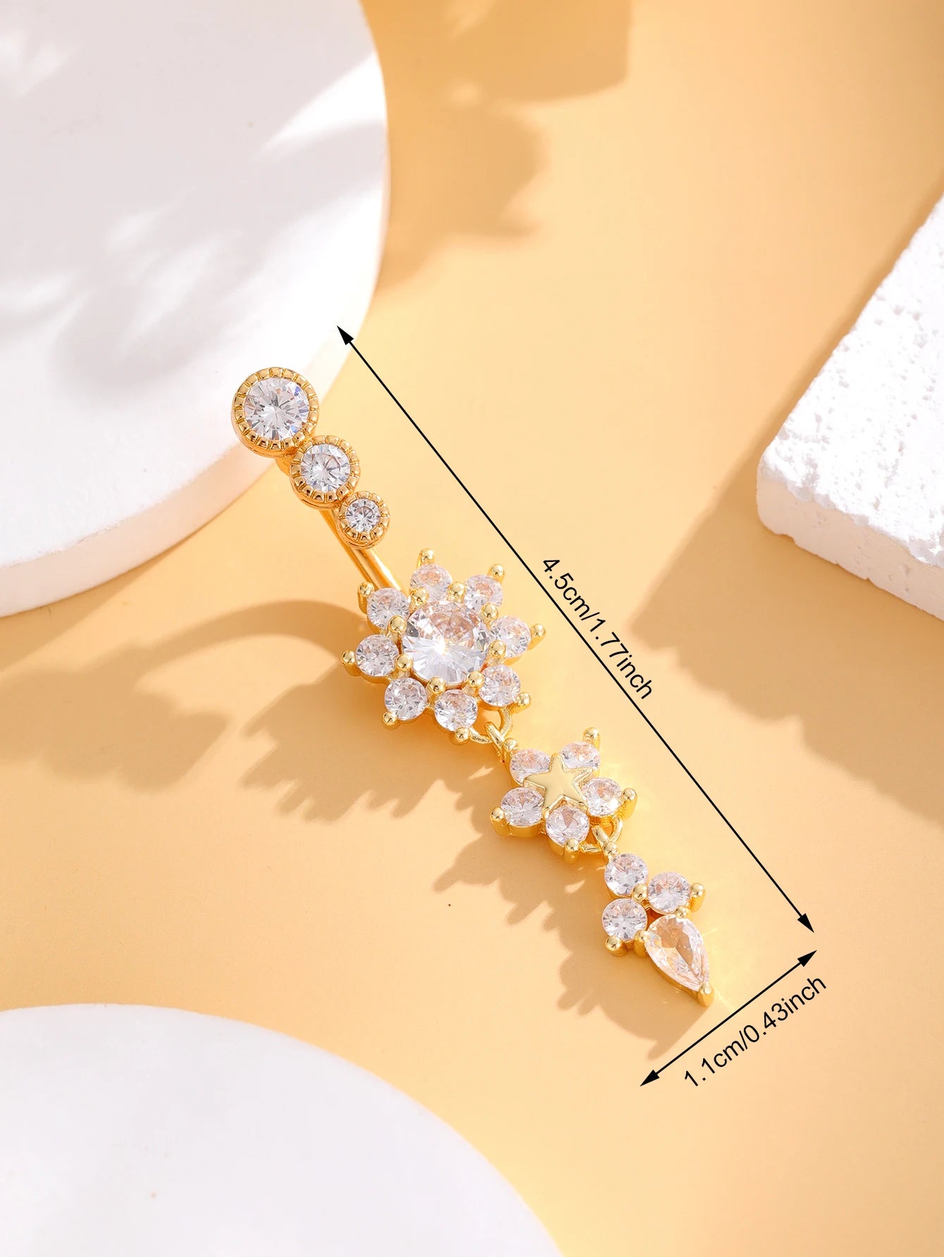 Women’s Gold Stainless Steel Belly Button – Long Dangle Flower CZ Crystal Navel Piercing Jewelry