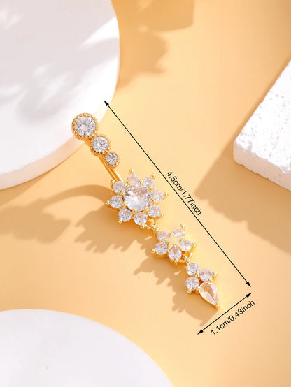 Women’s Gold Stainless Steel Belly Button – Long Dangle Flower CZ Crystal Navel Piercing Jewelry