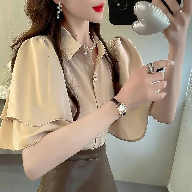 Women’s French Loose Chiffon Top | Summer Solid Color Sleeve Elegant Shirt | Casual Lightweight Fashion Shirt