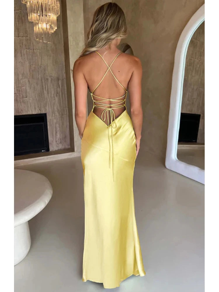 Women’s Satin Spaghetti Strap Dress – Elegant Backless Lace-Up Split Hem Long Party Maxi Dress