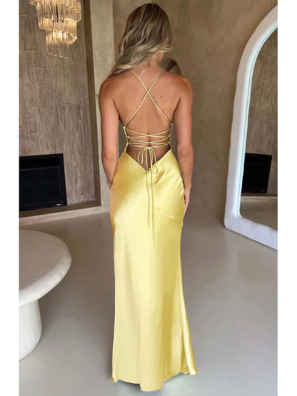 Women’s Satin Spaghetti Strap Dress – Elegant Backless Lace-Up Split Hem Long Party Maxi Dress