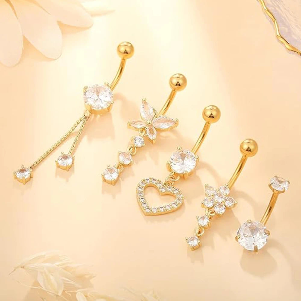 Women’s Belly Button – 5pcs Dangled Butterfly & Heart Navel Piercing Body Jewelry