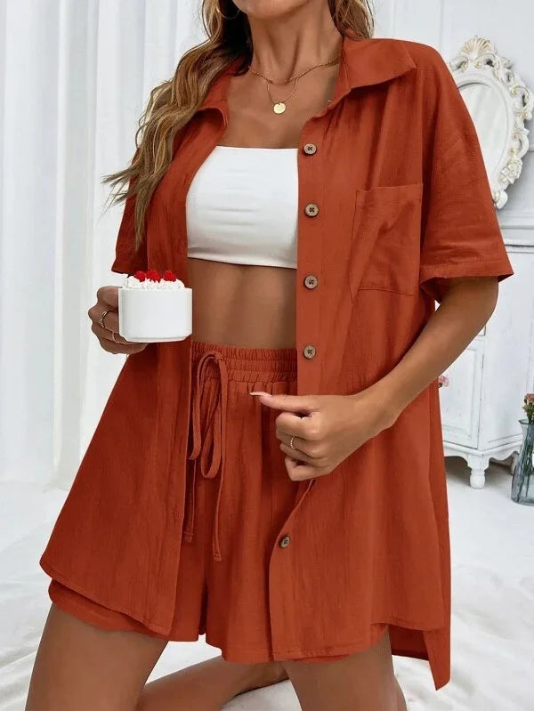 Women’s Long Sleeve Single-Breasted Broad-Leg Casual Set | Sexy Solid Summer 2-Piece Outfit
