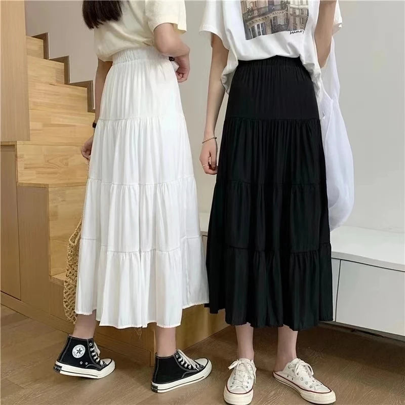 Women’s Vintage Patchwork Long Skirt Bottom – High Waist Elastic A-Line Cake Skirt White Black Chic