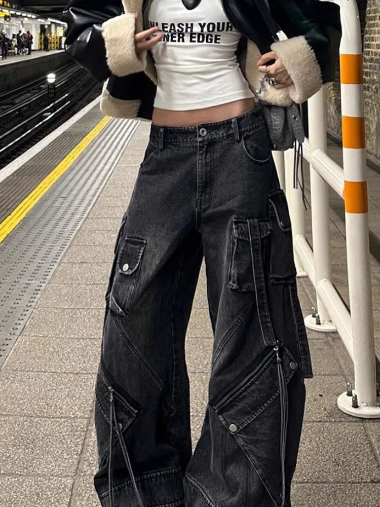 Women’s Punk Y2K Washed Black Cargo Jeans – Wide-Leg Baggy Streetwear Pants with Pockets