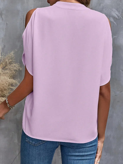 Women’s Elegant V-Neck Off-Shoulder Shirt – Solid Color Office Blouse Y2K Summer Top