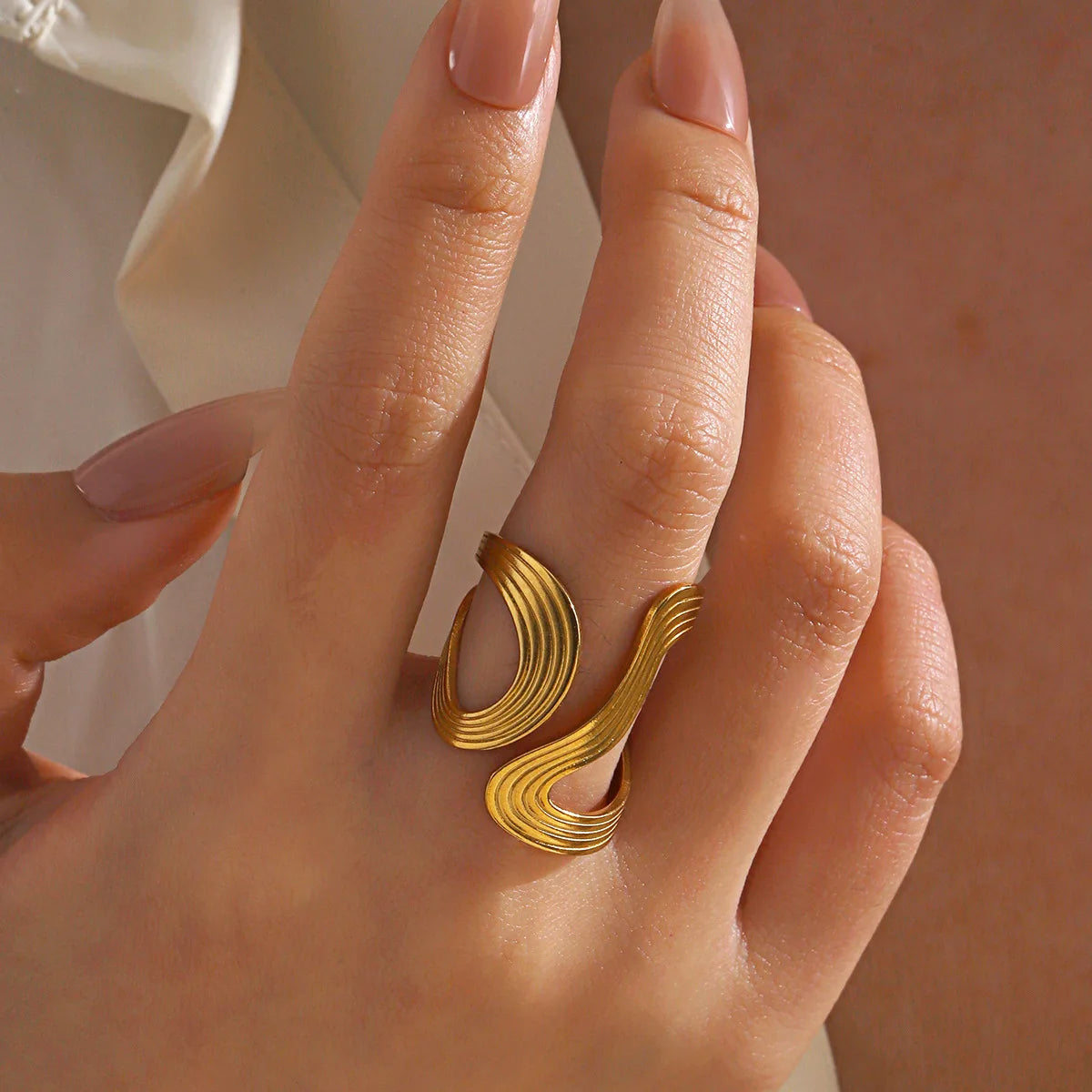 Women’s Irregular Wave Stainless Steel Ring – Adjustable Gold Color Statement Jewelry