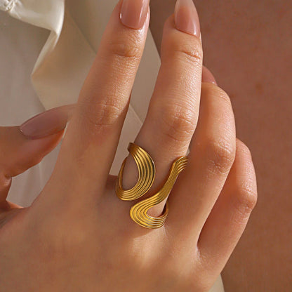 Women’s Irregular Wave Stainless Steel Ring – Adjustable Gold Color Statement Jewelry