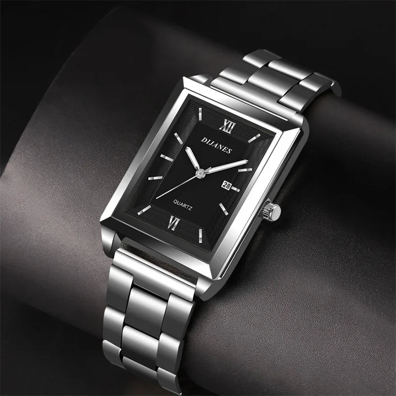 Men’s Luxury Rectangle Quartz Watch – Stainless Steel Business Casual Wristwatch