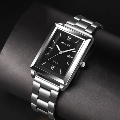 Men’s Luxury Rectangle Quartz Watch – Stainless Steel Business Casual Wristwatch