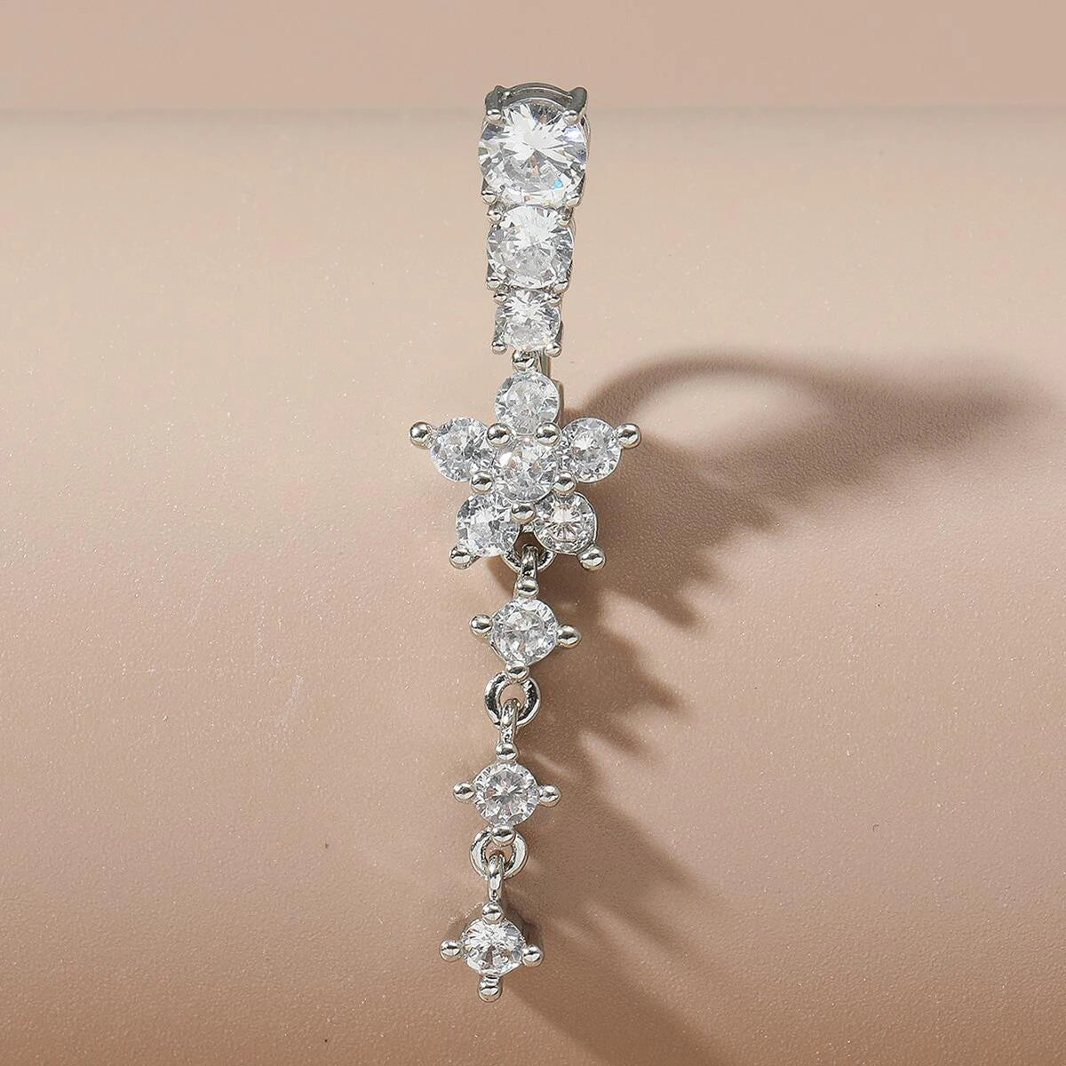 Women’s Gold Stainless Steel Belly Button – Long Dangle Flower CZ Crystal Navel Piercing Jewelry