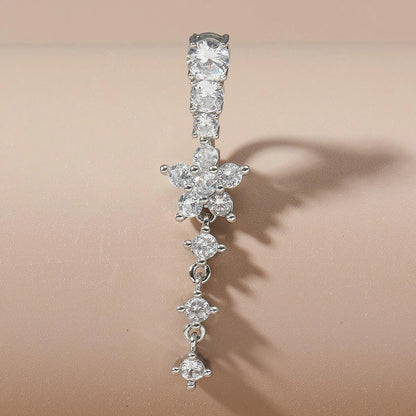 Women’s Gold Stainless Steel Belly Button – Long Dangle Flower CZ Crystal Navel Piercing Jewelry