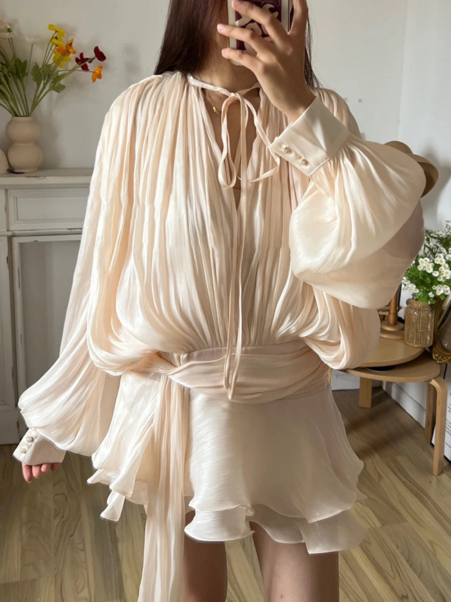 Women’s V-Neck Lace-Up Mini Dress – Long Sleeve Sweet Style Fashion Dress