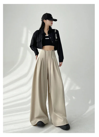 Women’s Streetwear Wide Leg Pants Bottom – Korean High Waist Lace-Up Suit Trousers, Elegant Black Summer Fashion