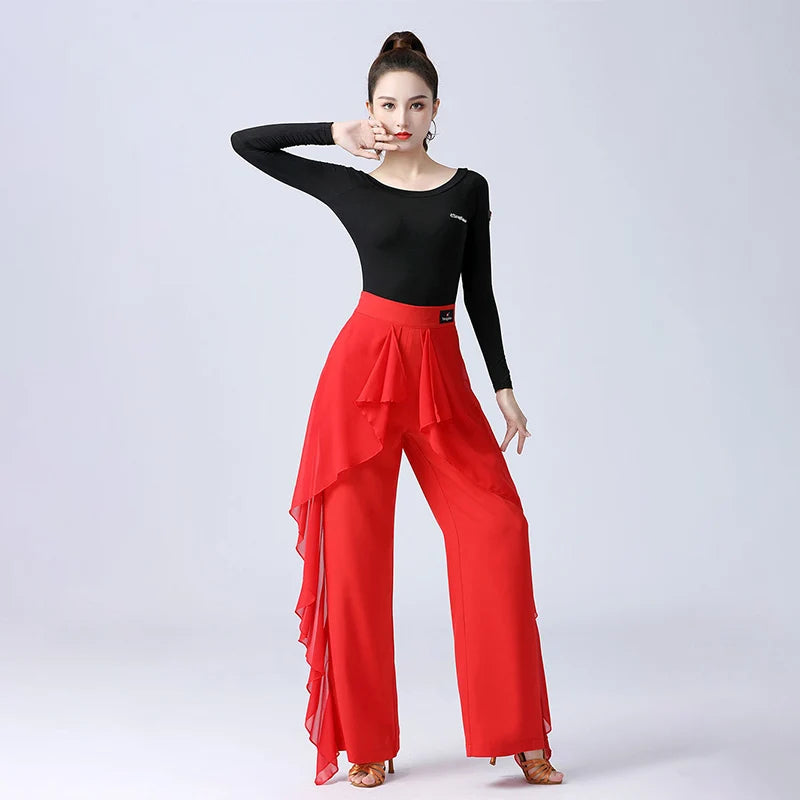 Women’s High-Waist Ruffle Dance Pants – Latin, Tango & Samba Performance Wide-Leg Trousers