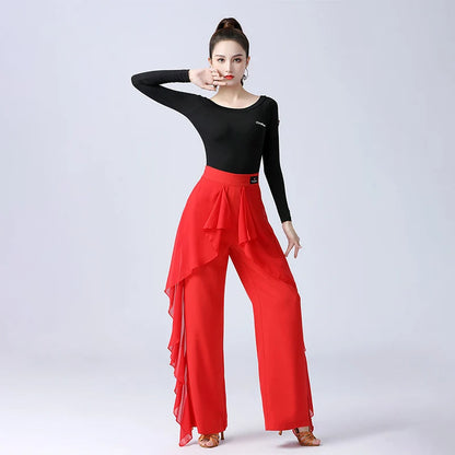 Women’s High-Waist Ruffle Dance Pants – Latin, Tango & Samba Performance Wide-Leg Trousers