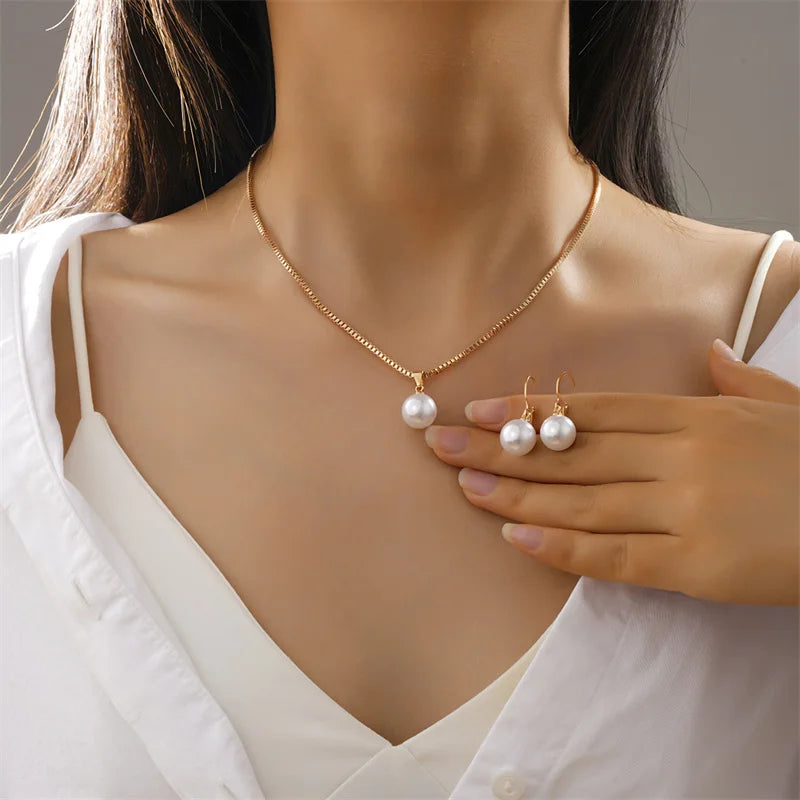 Women’s 3PCS Pearl Jewelry Set – Elegant Round Necklace & Earrings for Wedding or Gift