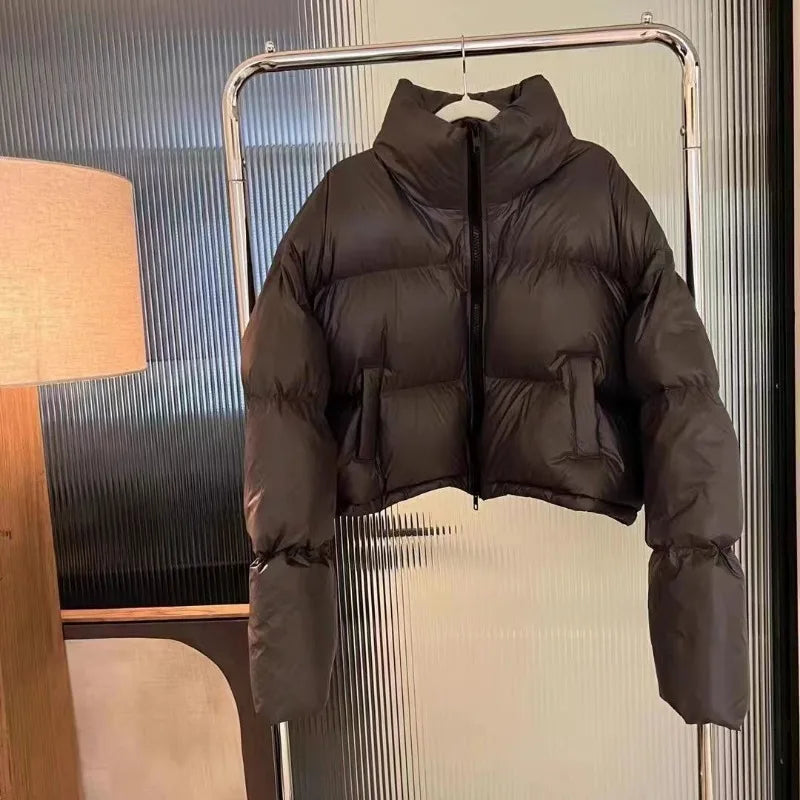 Women’s Stand Collar Jacket Outerwear – Short Thick Cotton Puffer