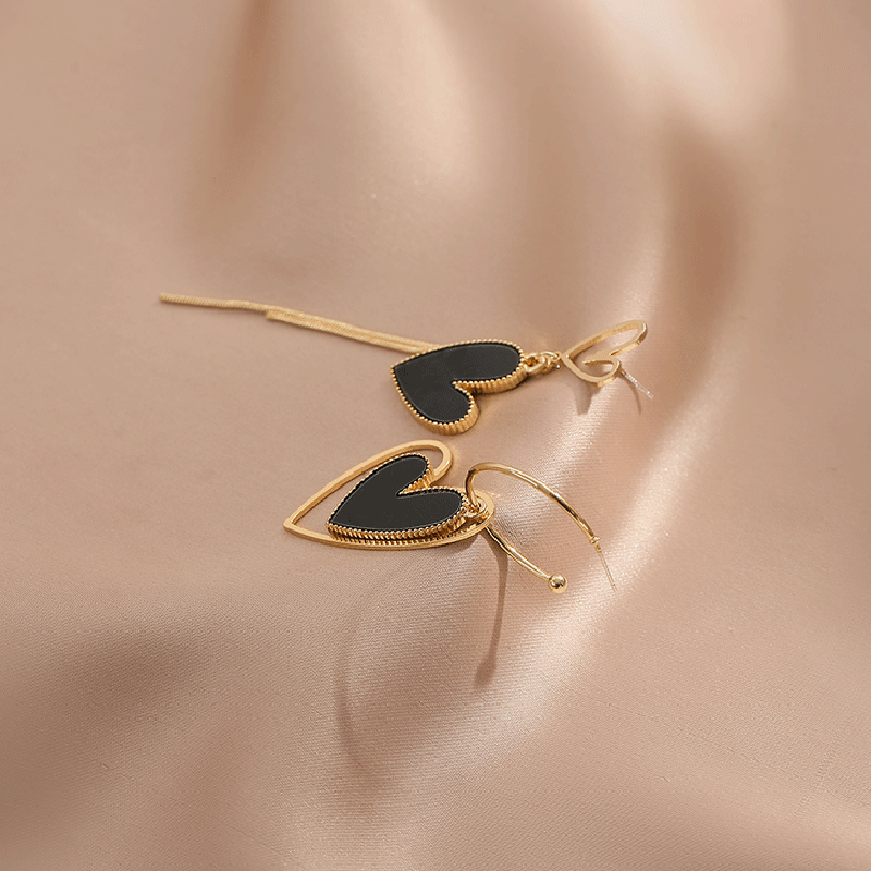 Women’s Jewelry Black Heart Tassel Drop Earrings | Gold Tone | Party | Wedding