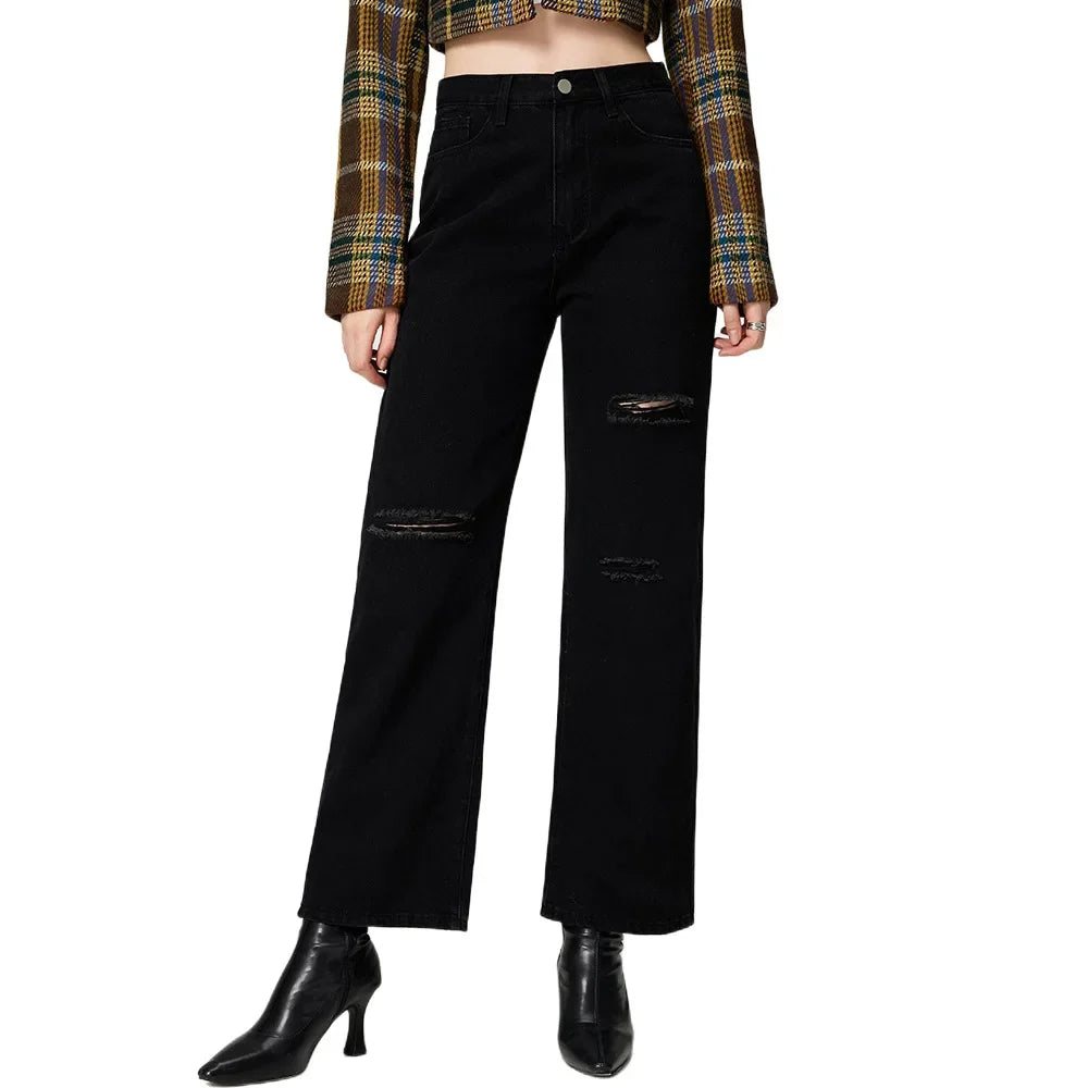 Women’s Ripped Denim Bottom – High Waist Distressed Hole Jeans, Vintage Straight Ankle-Length Pants