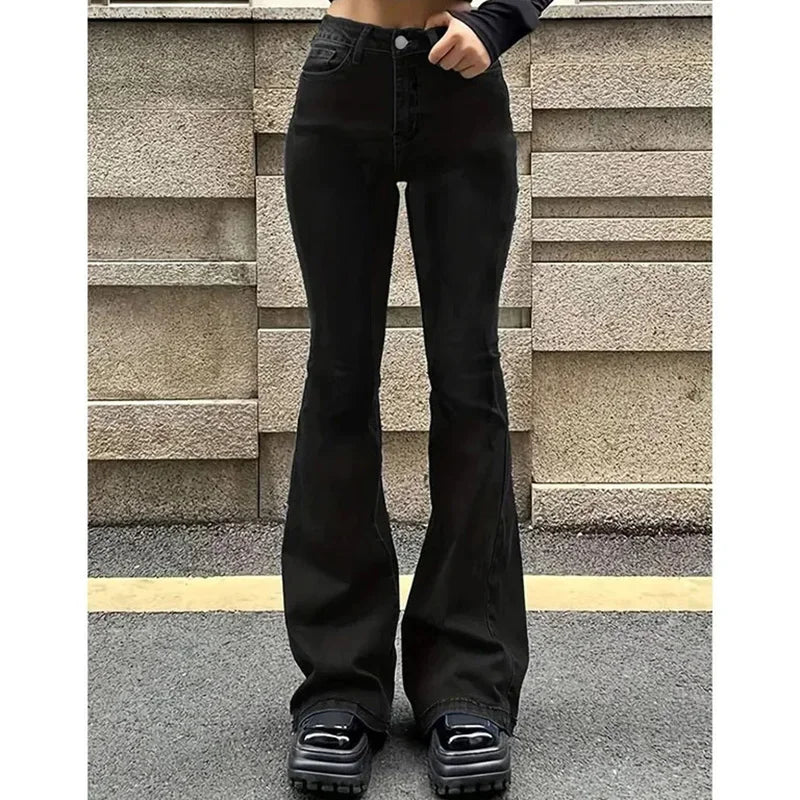 Women’s High Waist Flared Denim Bottom – Stretchy Bootcut Jeans with Bell Hem, Solid Color Casual Trousers