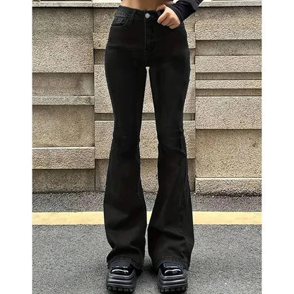 Women’s High Waist Flared Denim Bottom – Stretchy Bootcut Jeans with Bell Hem, Solid Color Casual Trousers