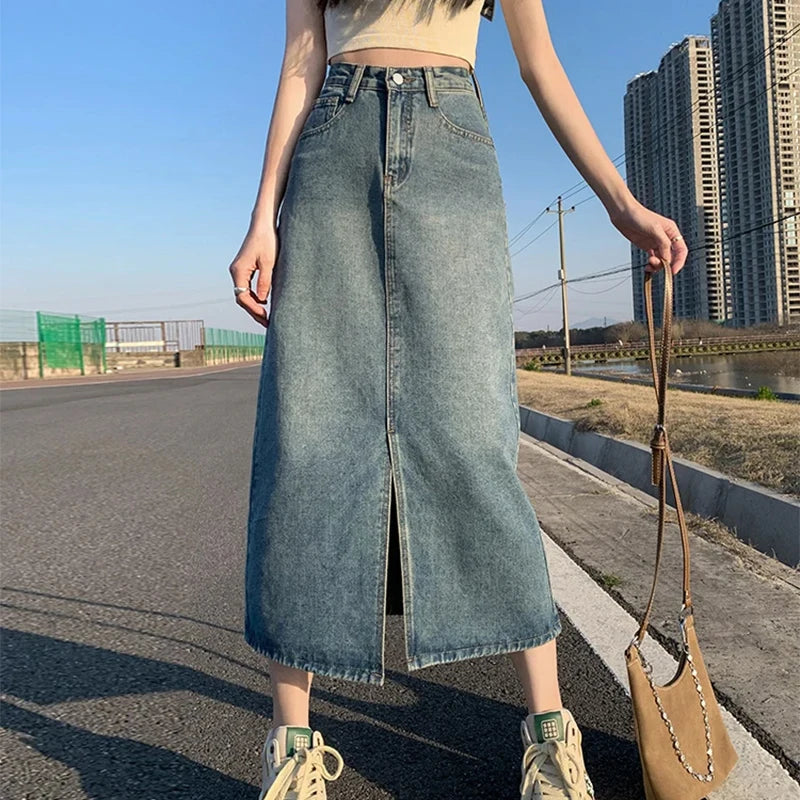 Women’s High-Waist Slit Denim Skirt Bottom – Washed Retro A-Line Straight Long Skirt