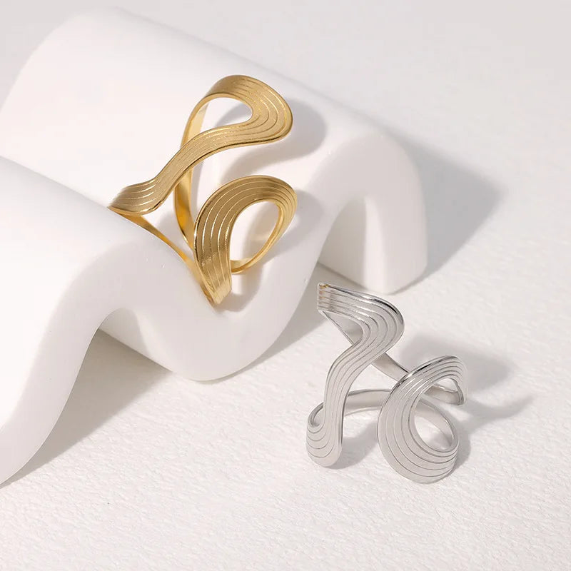 Women’s Irregular Wave Stainless Steel Ring – Adjustable Gold Color Statement Jewelry