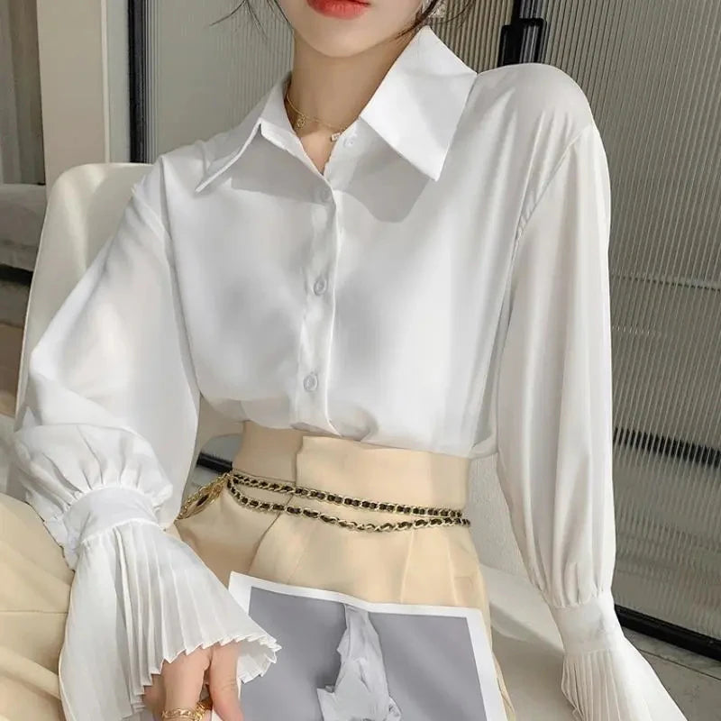 Women’s Flare Sleeve Button-Up Shirt Top – Elegant Office Blouse Fall Fashion
