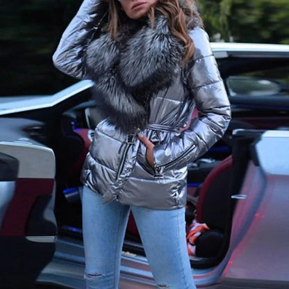 Women’s Glossy Jacket Outerwear – Short Fur Collar Cotton-Padded Puffer