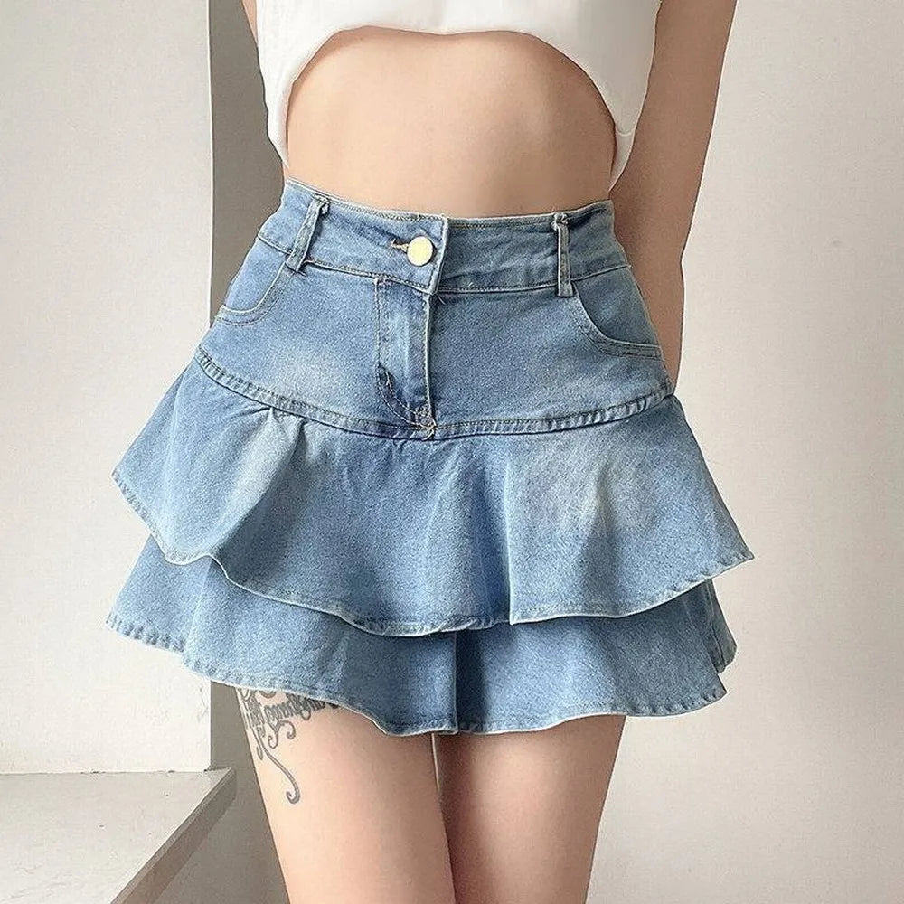 Women’s Vintage Denim Skirt Shorts Bottom – High Waist A-Line Ruffle Mini Jeans Skirt for Summer