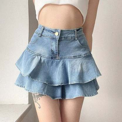 Women’s Vintage Denim Skirt Shorts Bottom – High Waist A-Line Ruffle Mini Jeans Skirt for Summer