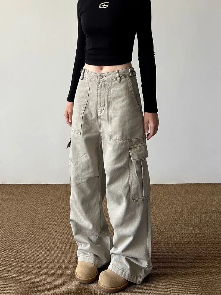 Women’s Y2K Light Khaki Baggy Cargo Jeans Bottom – Wide Leg Casual Streetwear