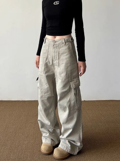 Women’s Y2K Light Khaki Baggy Cargo Jeans Bottom – Wide Leg Casual Streetwear