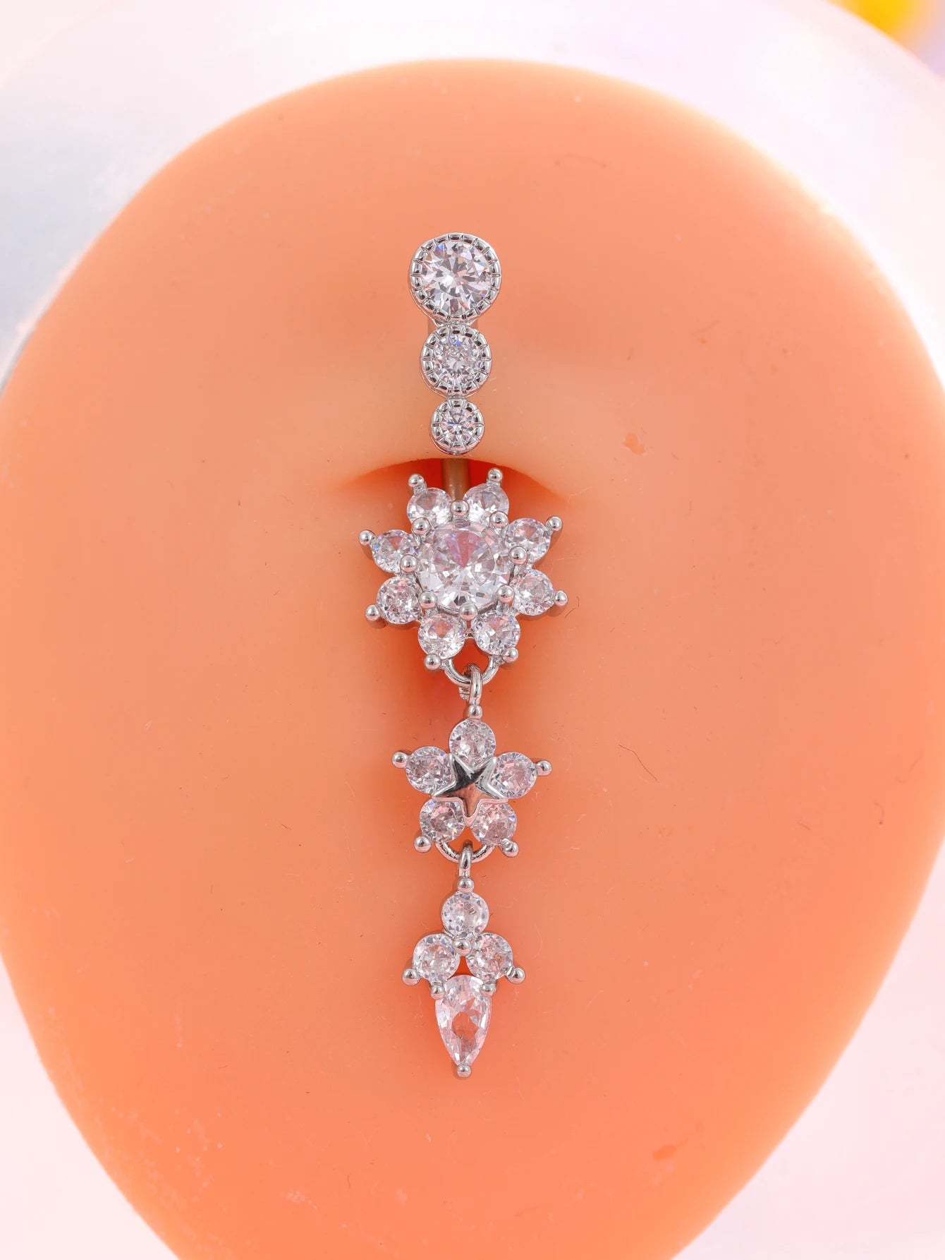 Women’s Gold Stainless Steel Belly Button – Long Dangle Flower CZ Crystal Navel Piercing Jewelry