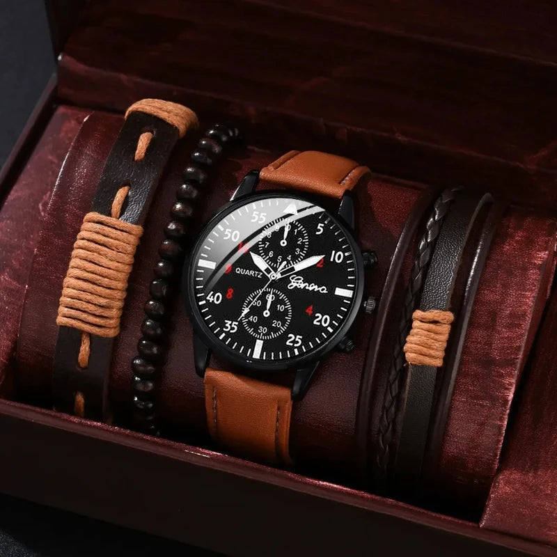 Men’s Luxury Watch Jewelry Set – Leather Strap Fashion Wristwatches Gift Pack with bracelet