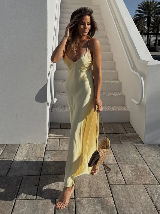 Women’s Yellow Satin V-Neck Maxi Dress – Elegant Sleeveless Loose Sling Party Dress