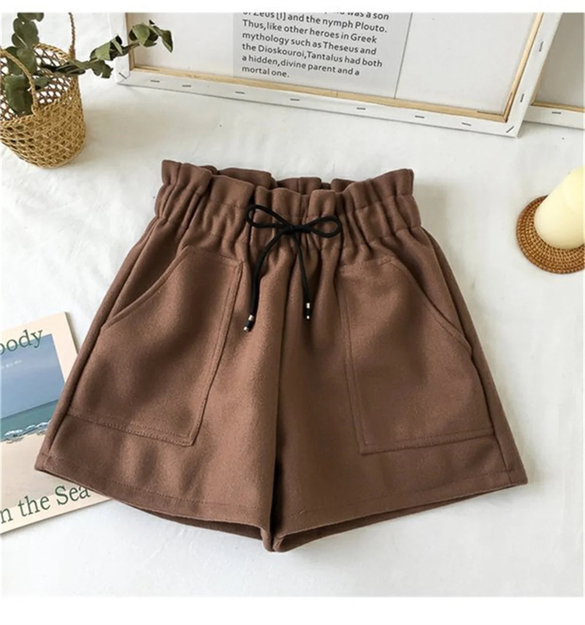 Women’s Woolen Shorts Bottom – High Waist Retro Elegant Solid Loose Fit Winter Streetwear