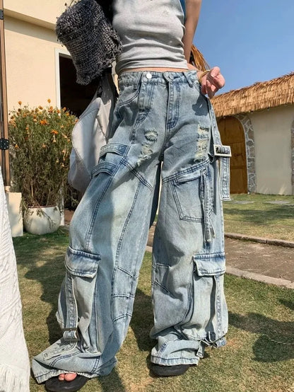 Women’s Baggy Jeans Bottom – Y2K Streetwear Wide-Leg Denim Pants with Tooling Pockets Hip Hop Oversized Style