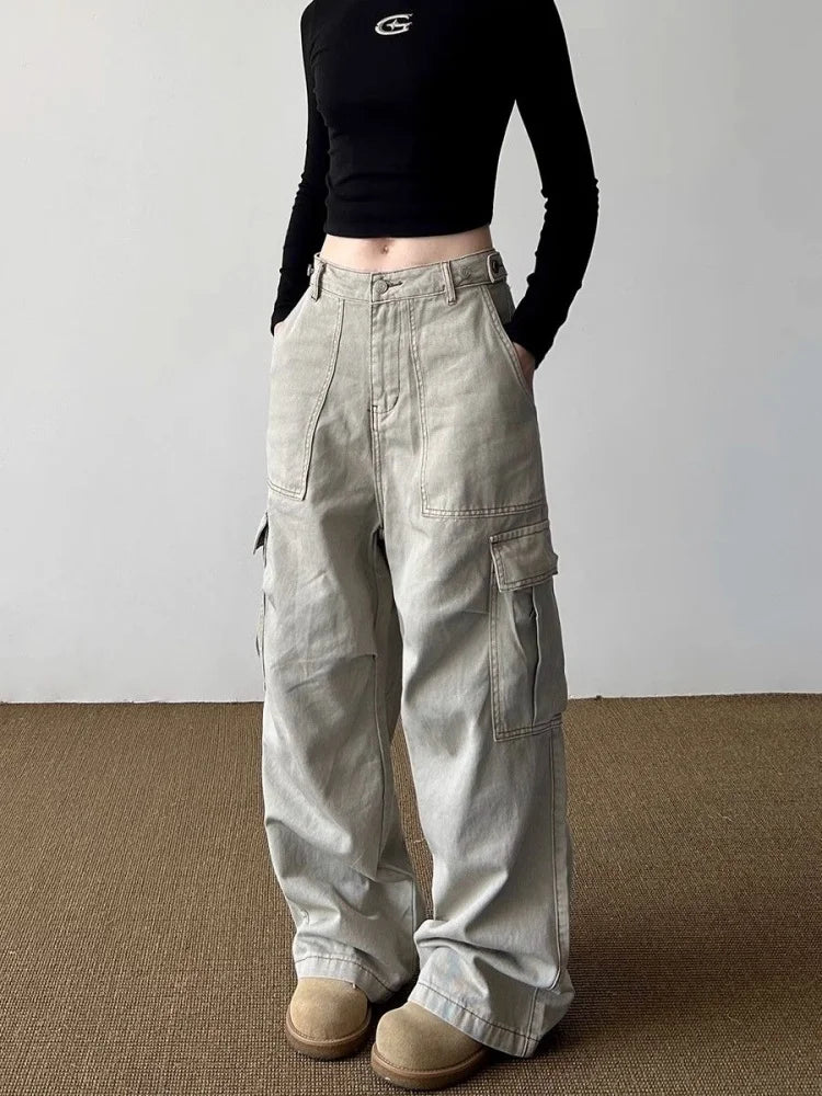 Women’s Y2K Light Khaki Baggy Cargo Jeans Bottom – Wide Leg Casual Streetwear